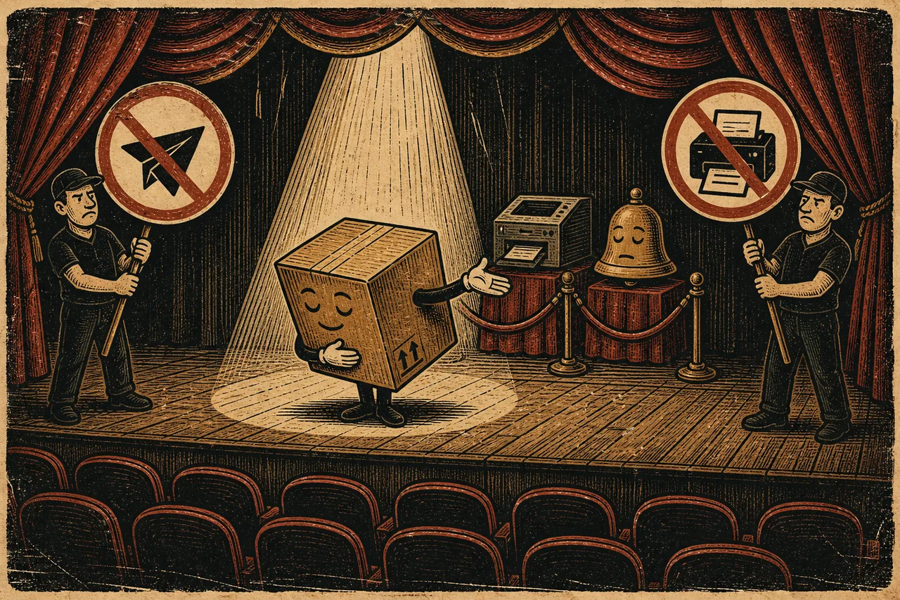 A cardboard shipment rehearses on an empty stage while its printer and notification bell remain roped off.