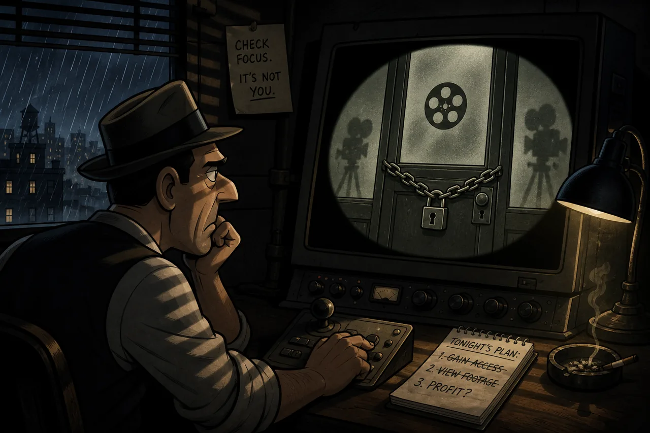 An operator looks through a working jump-host telescope only to find the footage room chained shut.