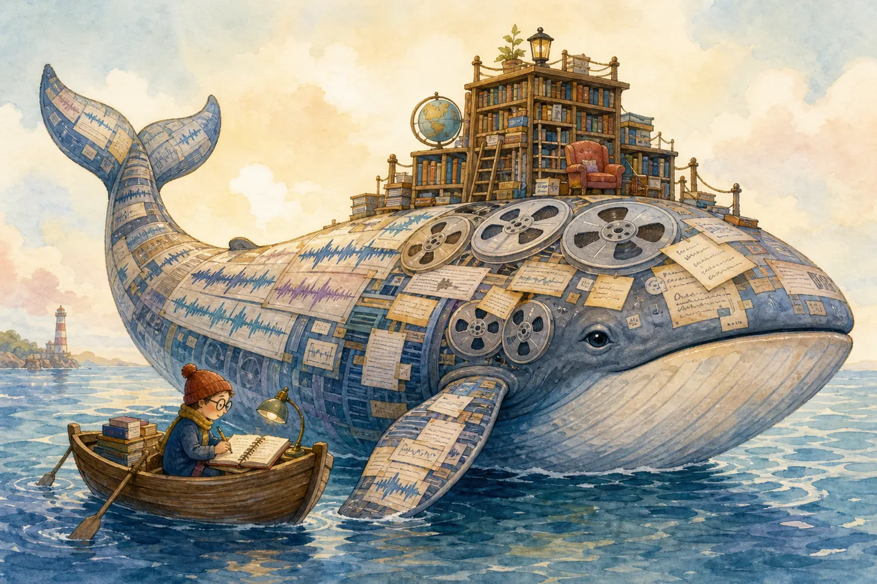 A tiny archivist catalogs an enormous friendly whale made of recordings, waveforms, and negotiation notes.