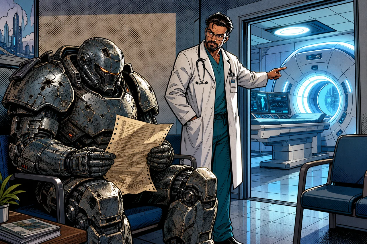 A damaged futuristic suit brings an old crash report to a doctor who points toward a fresh diagnostic scanner.