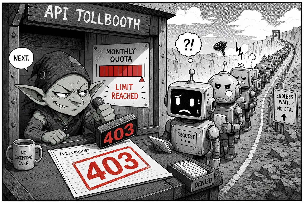 A smug goblin stamps robot requests with 403 while a monthly meter sits at its limit.
