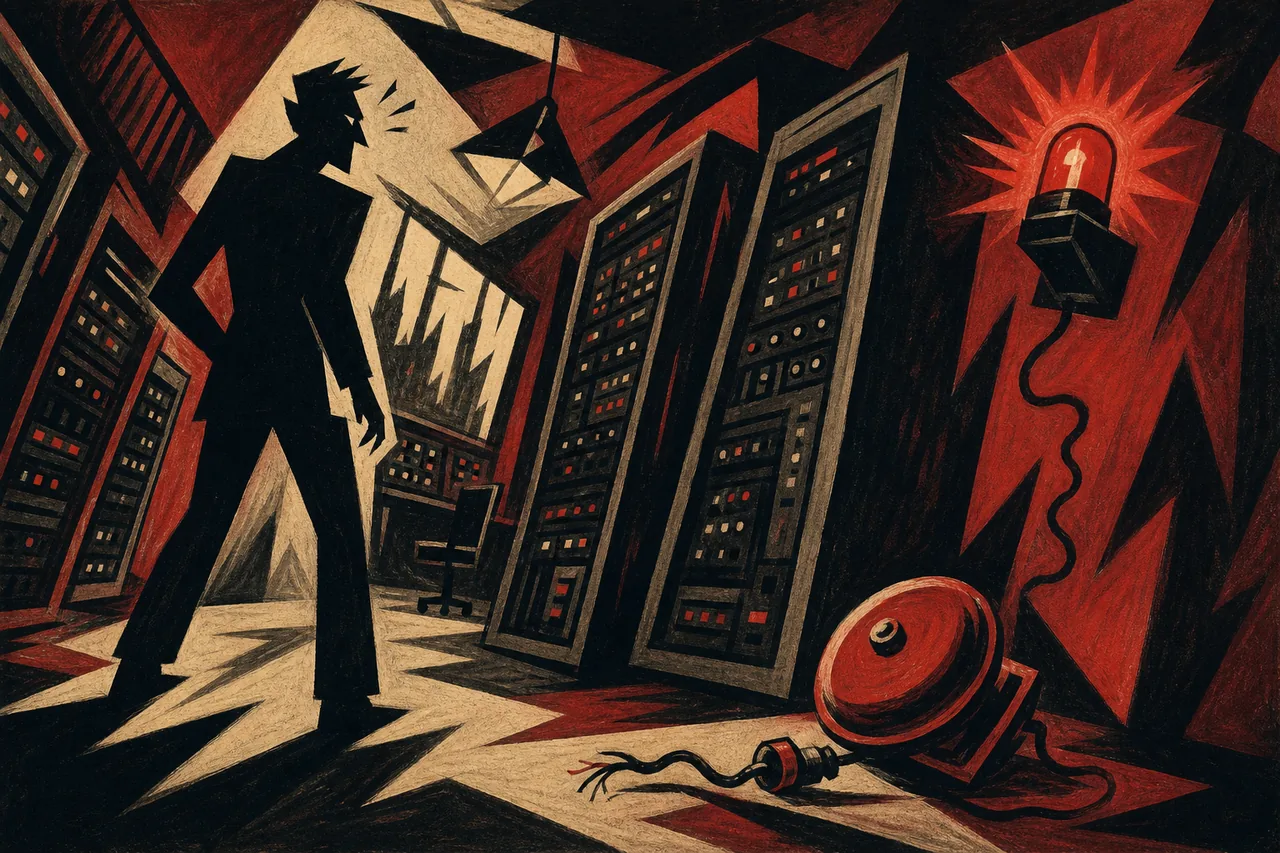 A server-room warning beacon flashes while the disconnected human alert bell lies silent on the floor.
