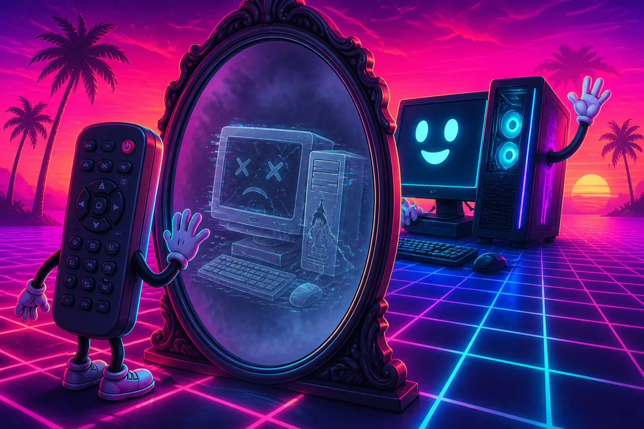 A remote-control app sees a ghostly broken computer in a mirror while the healthy real computer waves behind it.
