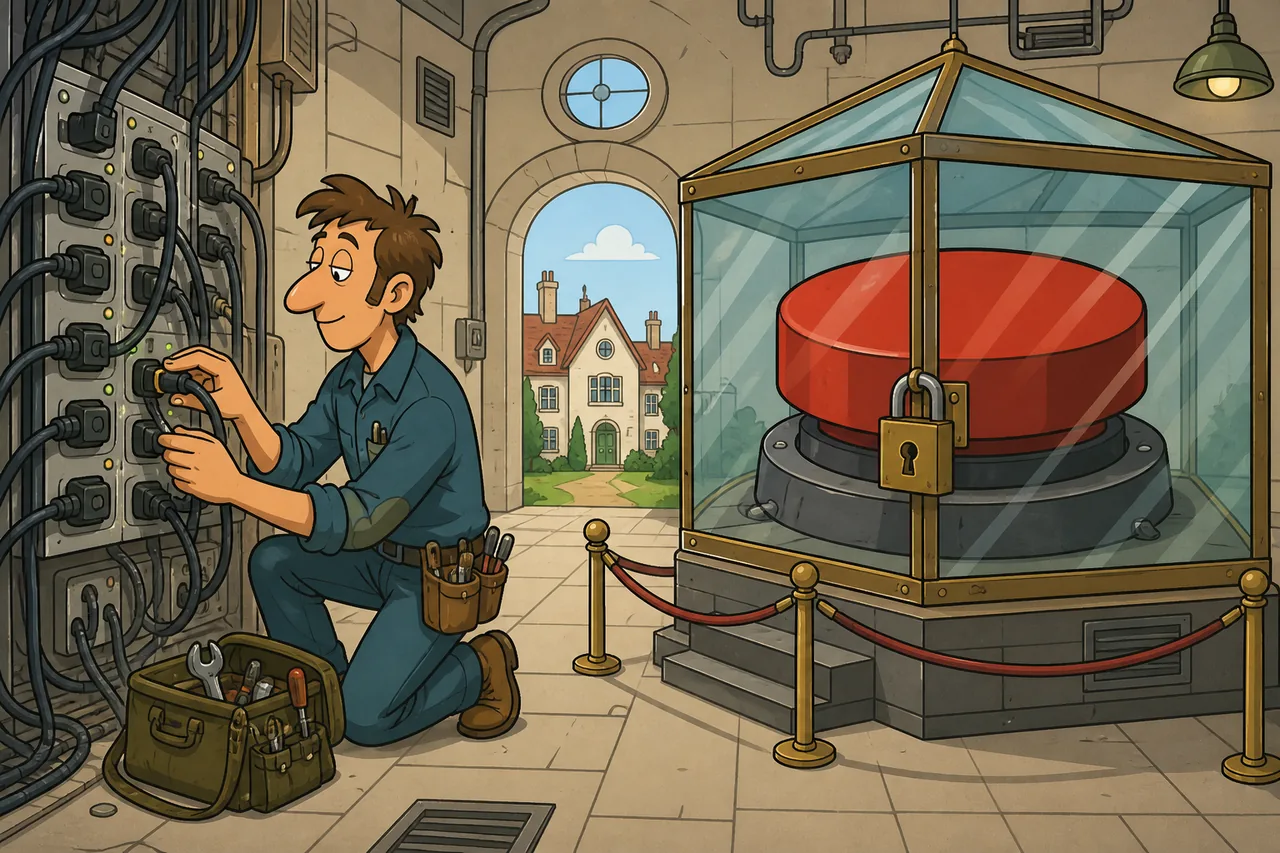 A technician reseats one remote-view cable beside an enormous locked house-reboot button.