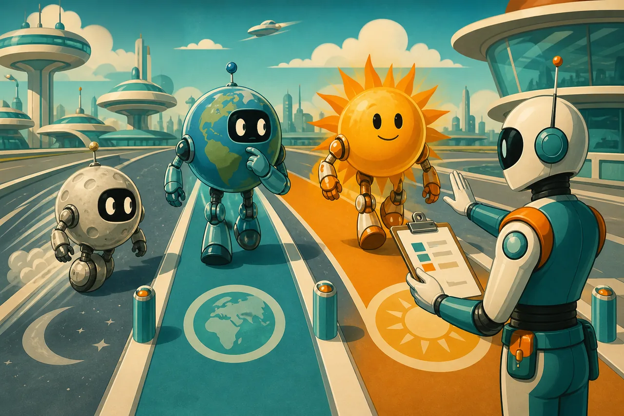 A futuristic traffic officer checks receipts while directing moon, earth, and sun robots into separate work lanes.