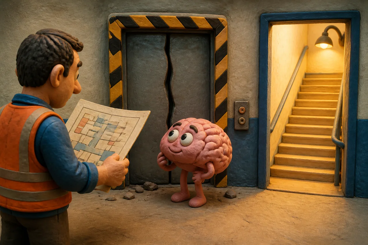 A clay AI brain and operator study a map beside a broken elevator and an open contingency staircase.