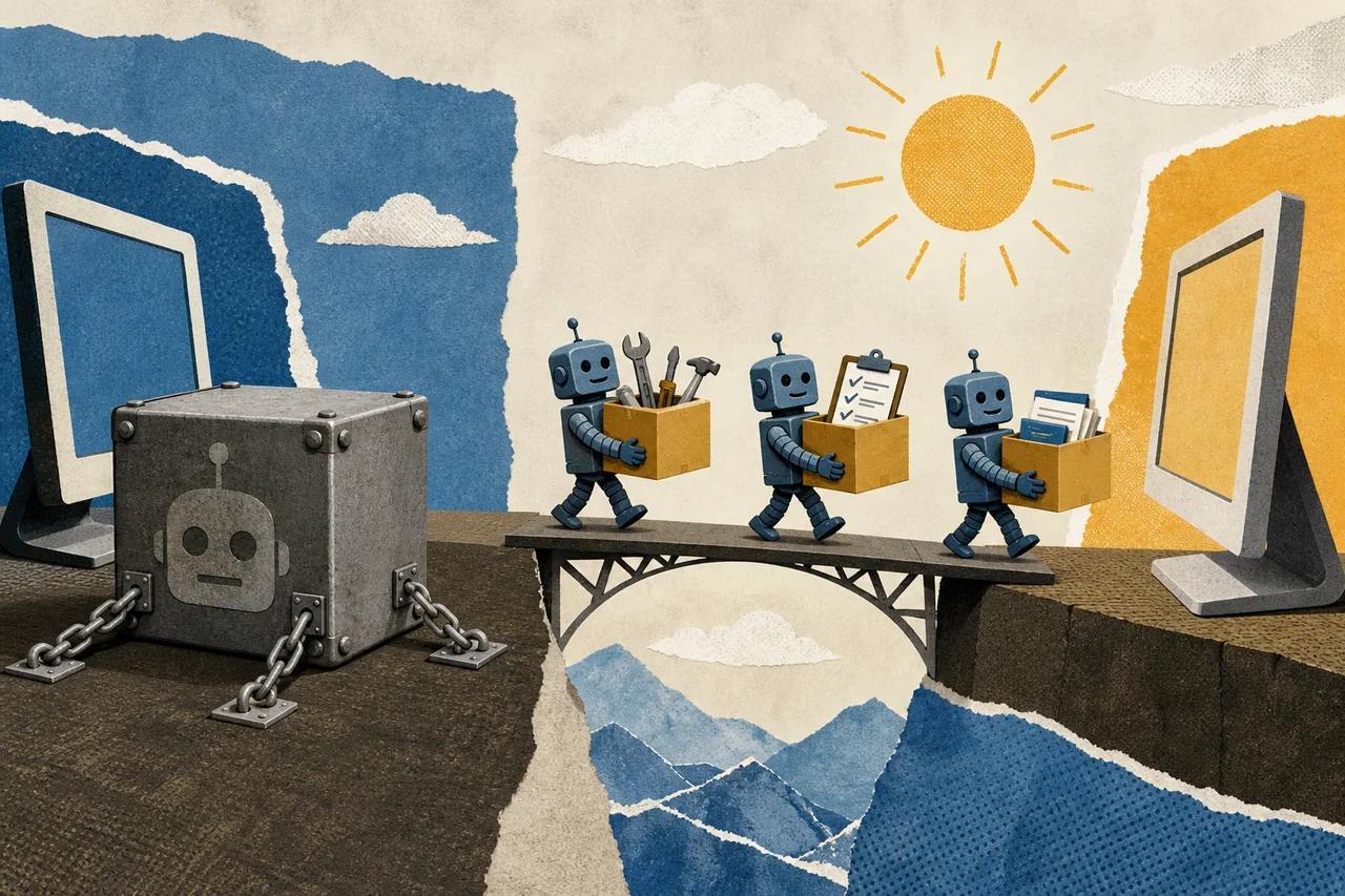 Robot movers carry shared tools across a bridge while a machine-identity box remains bolted to its original floor.