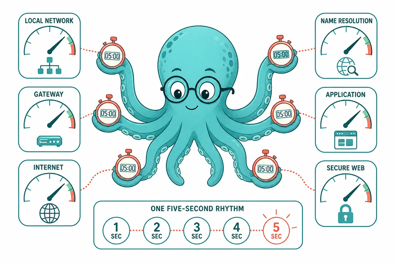 A calm octopus uses synchronized stopwatches to check six network and application health gauges.