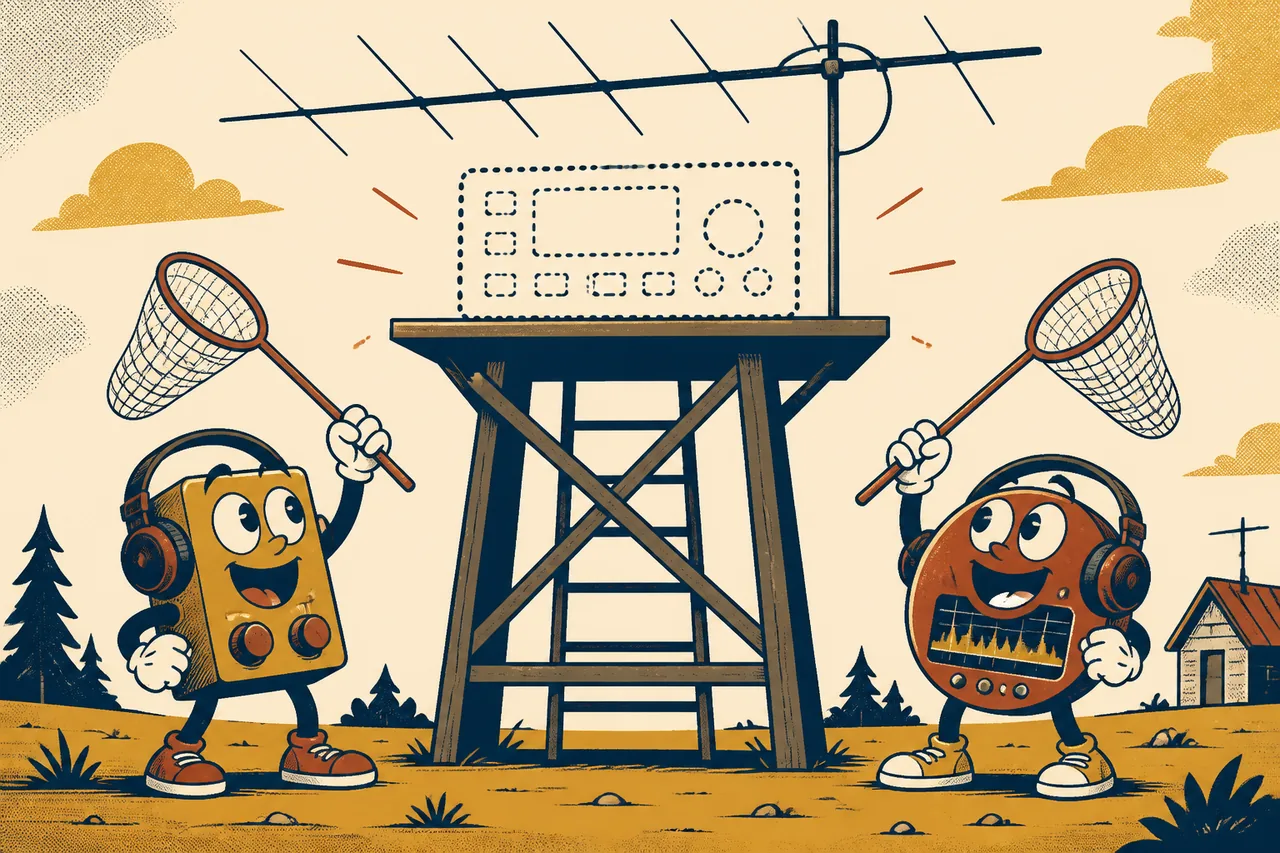 Two radio-software mascots wait with nets and headphones beneath the dotted outline of a missing receiver.