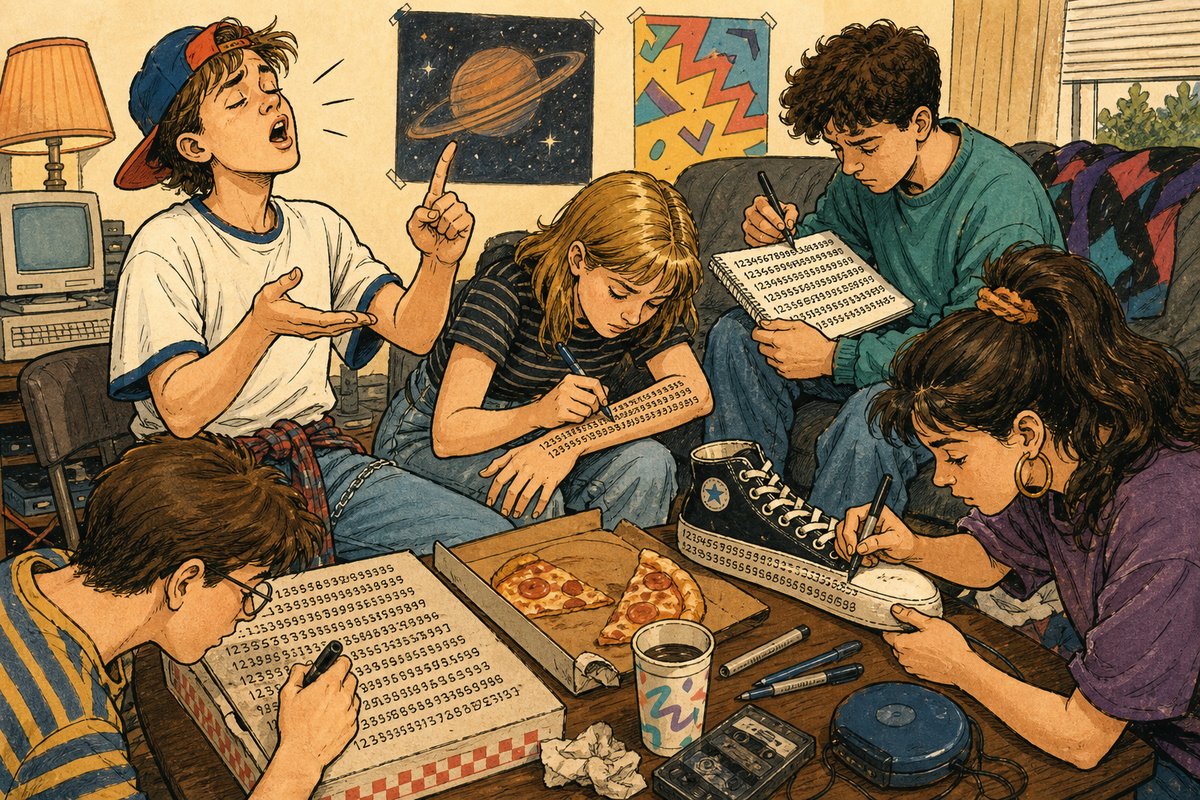 A teenager recites an absurdly long ICQ number at a party while friends write it on arms, shoes, and pizza boxes.