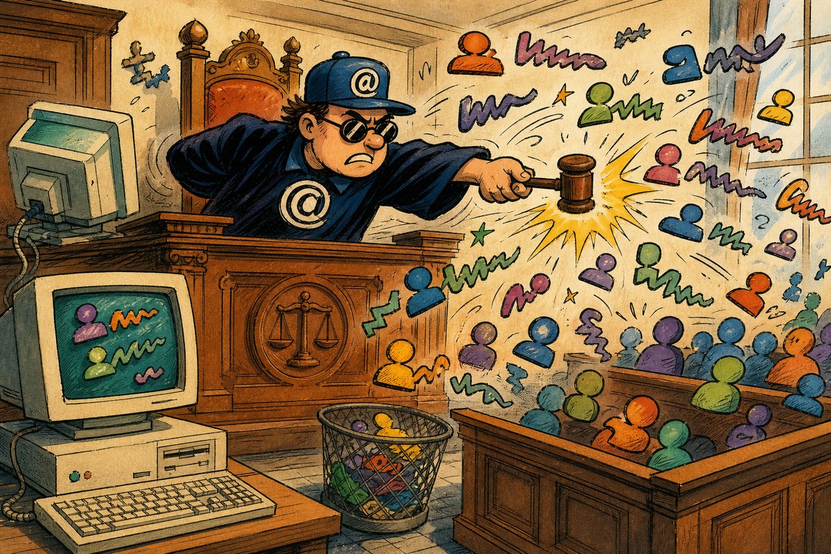 A text-only chatroom appears as a chaotic courtroom where an operator with an at-sign badge swings a tiny ban hammer.